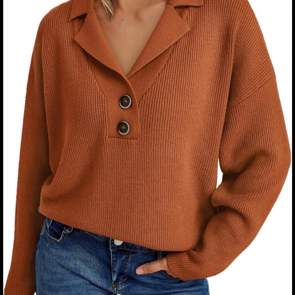 Lillusory Women’s L Rust Orange Knit Sweater Top‎ Long Sleeve Collared Pullover